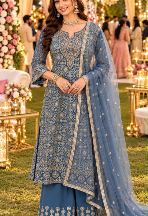 Georgette Blue Wedding Wear Embroidery Work Readymade Anarkali Suit